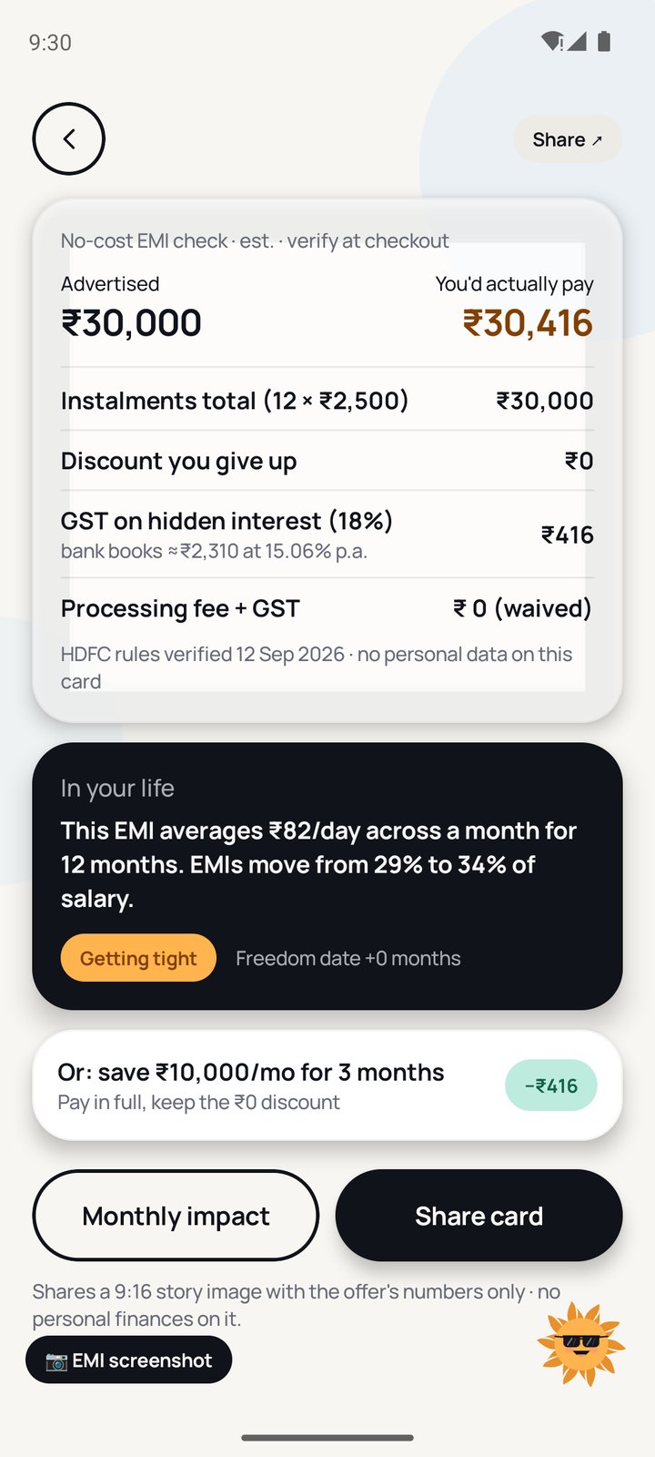 True-cost check of a ₹30,000 no-cost EMI showing ₹30,416 actually paid
