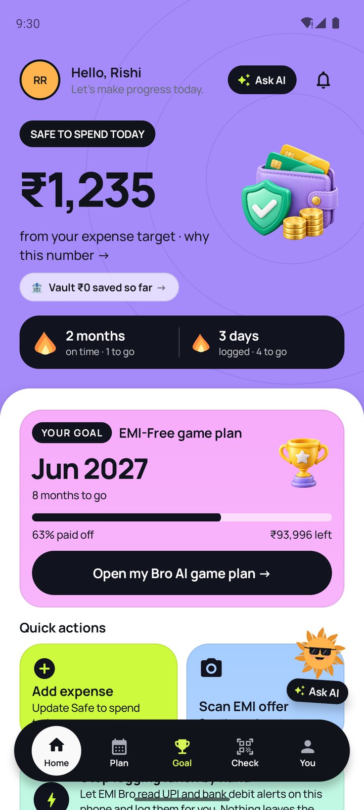 Home screen showing ₹1,235 safe to spend today and two streaks